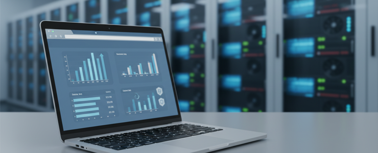 Webhosting Preisvergleich mit Laptop und Servern im Hintergrund