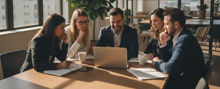 Team in einem kleinen Unternehmen, das den passenden Webhoster für die Firmenwebsite auswählt