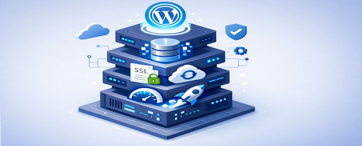 Illustration mit Symbolen für typische Funktionen beim WordPress Hosting